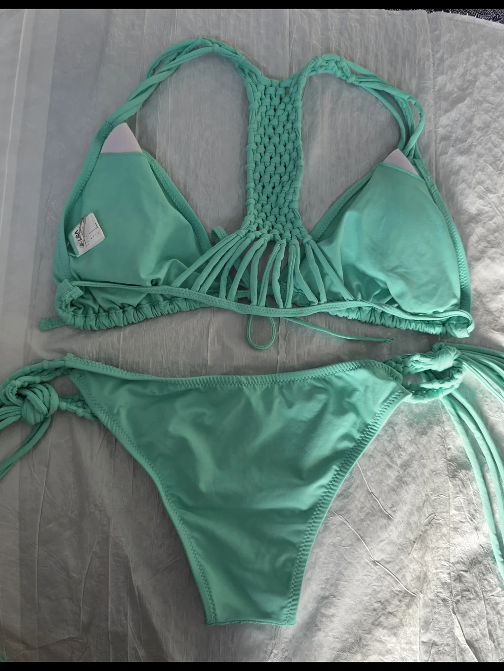 NWOT Lira Seafoam Green Macramé Back Triangle Bikini Set  Women Swim Top L BtmM
